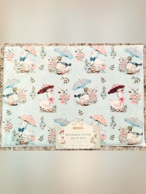 Plush Foam Bath Mat by Envogue cute Ducks Geese with Umbrellas Floral Blue Pink